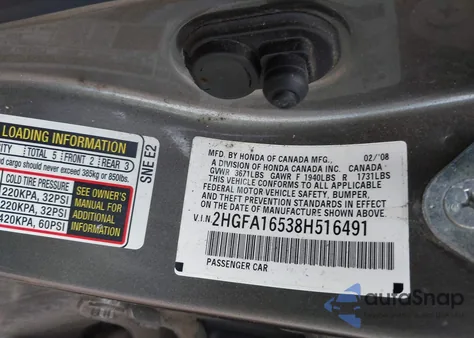 2008 Honda Civic Lx from USA, damaged, VIN 2HGFA16538H516491